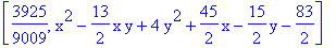 [3925/9009, x^2-13/2*x*y+4*y^2+45/2*x-15/2*y-83/2]